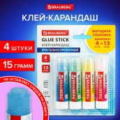 Клей-карандаш 15 г ВЫГОДНАЯ УПАКОВКА BRAUBERG "COLOR Crystal", 4 штуки на блистере, 271709