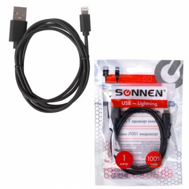 Кабель USB 2.0-Lightning, 1 м, SONNEN, медь, для передачи данных и зарядки iPhone/iPad, 513116