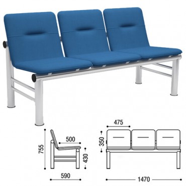 Кресло для посетителей трехсекционное "Троя", 755х1470х590 мм, светлый каркас, кожзам синий, СМ 105-03 К20