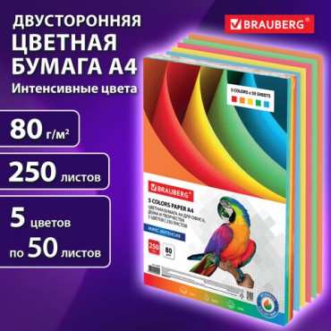 Бумага цветная BRAUBERG, А4, 80 г/м2, 250 л., (5 цветов х 50 л.), интенсив, для офисной техники, 112464