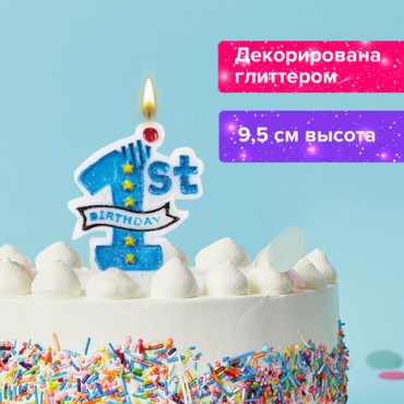 Свеча-цифра для торта "1 годик", голубая, 9,5 см, ЗОЛОТАЯ СКАЗКА, в блистере, 591443