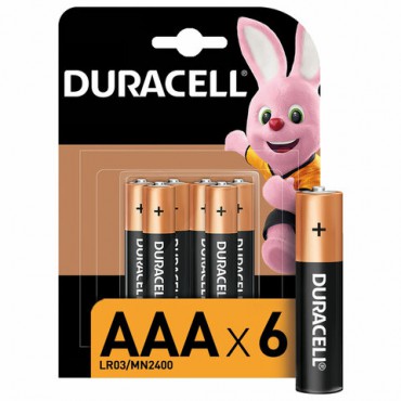 Батарейки КОМПЛЕКТ 6 шт., DURACELL Basic ОРИГИНАЛ, ААА (LR03, 24А), алкалиновые, мизинчиковые, Б0014858